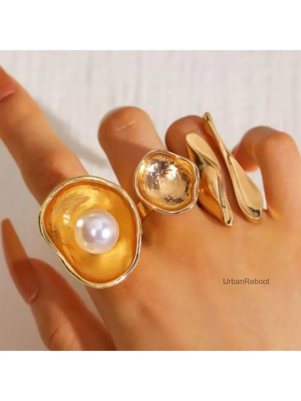 Chunky Gold Bowl Liquid Lava Knuckle Ring Set, Pearl Inlay Open Rings for